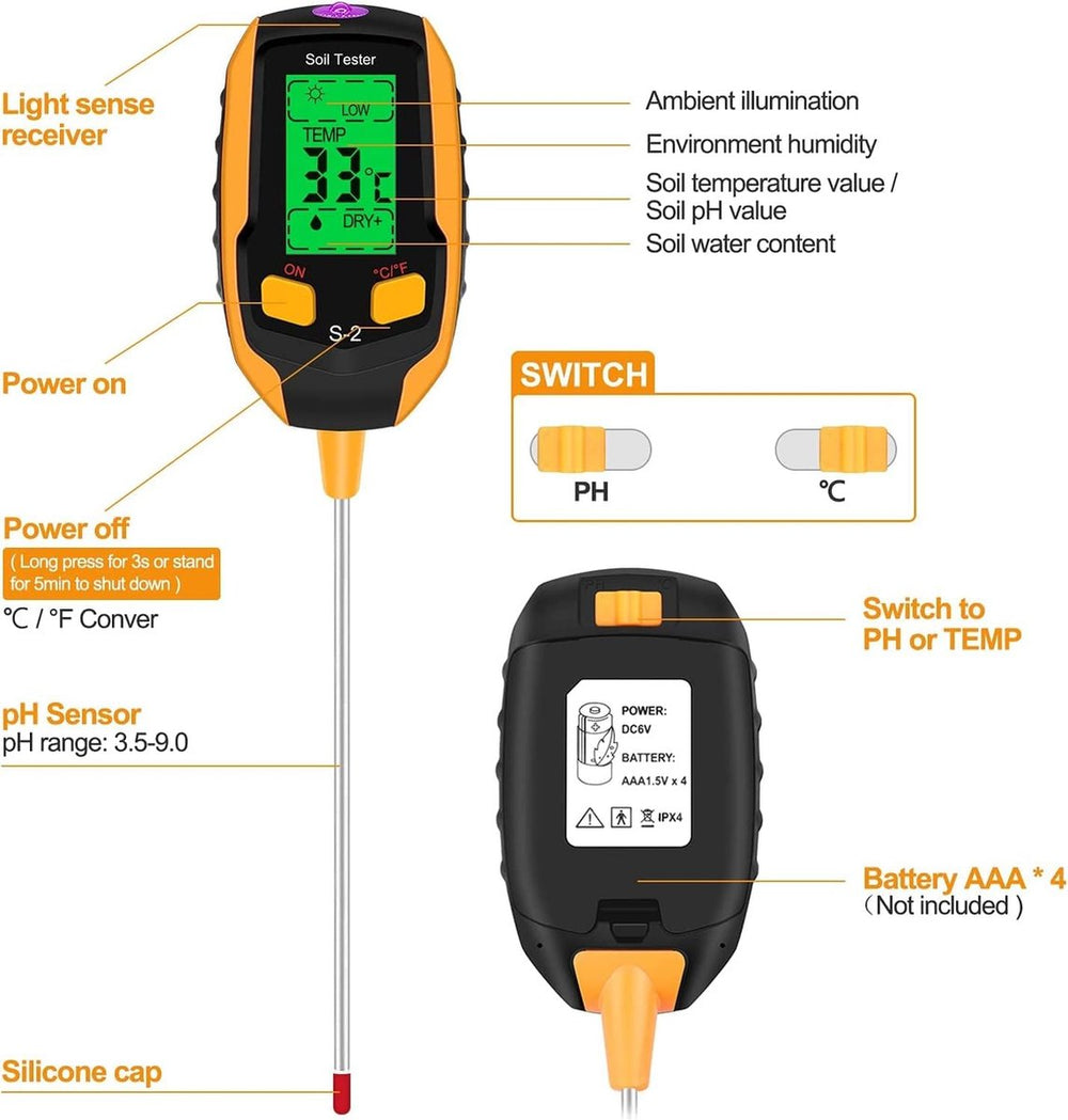 Digitale Bodemtester voor Tuin en Planten – 4-in-1 met LCD