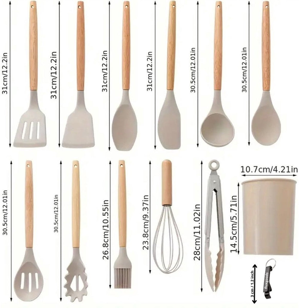 Siliconen Keukengerei Set met Houten Handvatten – 13-delig Beige