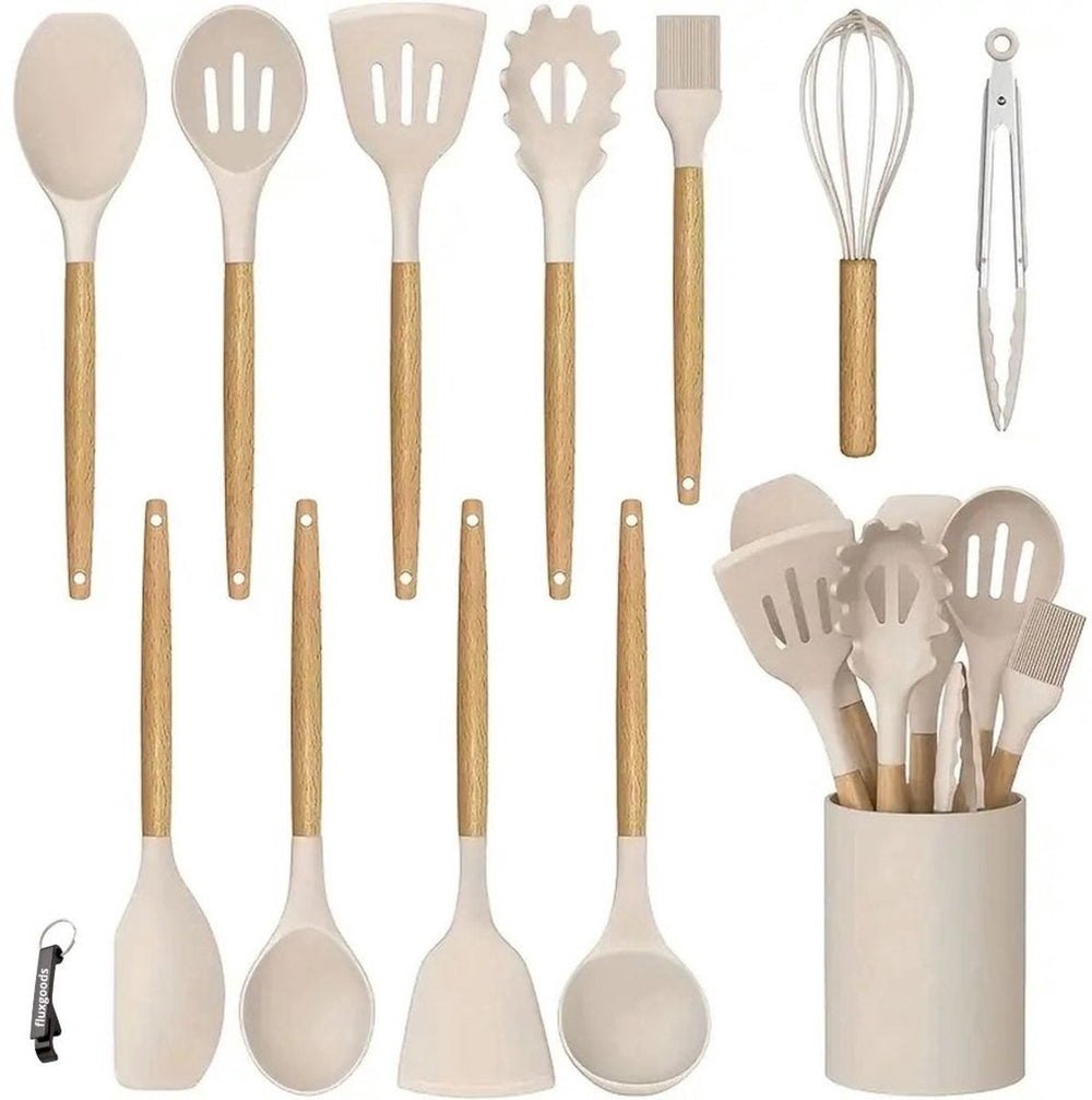 Siliconen Keukengerei Set met Houten Handvatten – 13-delig Beige