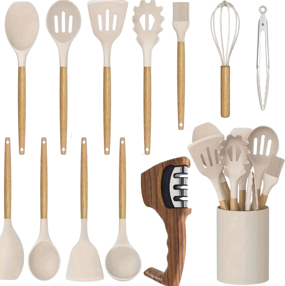 Siliconen Keukengerei Set met Houten Handvatten – 13-delig Beige met Messenslijper
