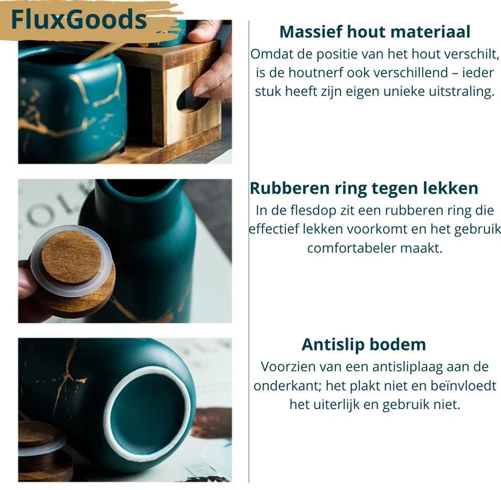 Keramische Kruiden- en Olieset 7-delig op Bamboe Tray – Groen Zwart Goud