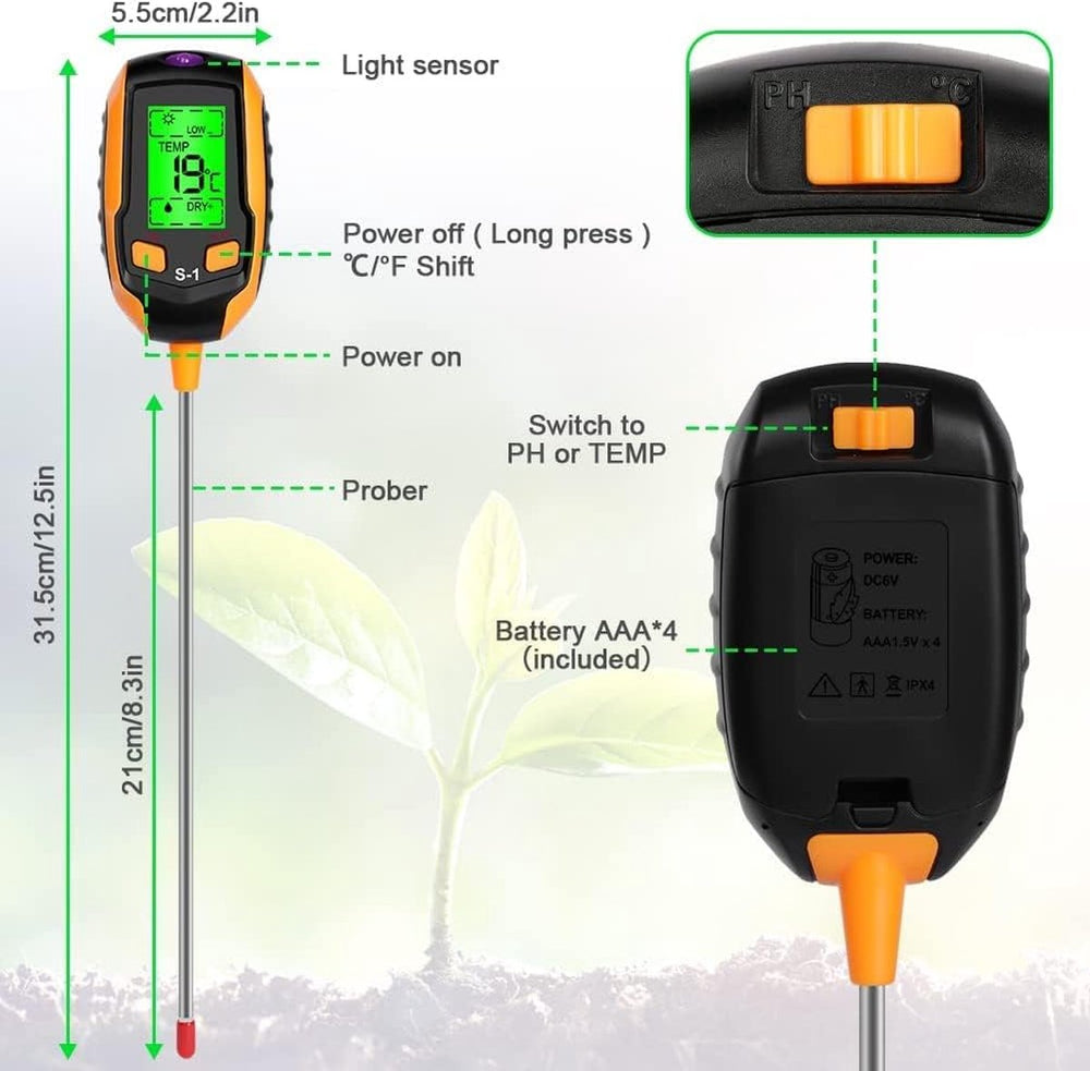Digitale Bodemtester voor Tuin en Planten – 4-in-1 met LCD