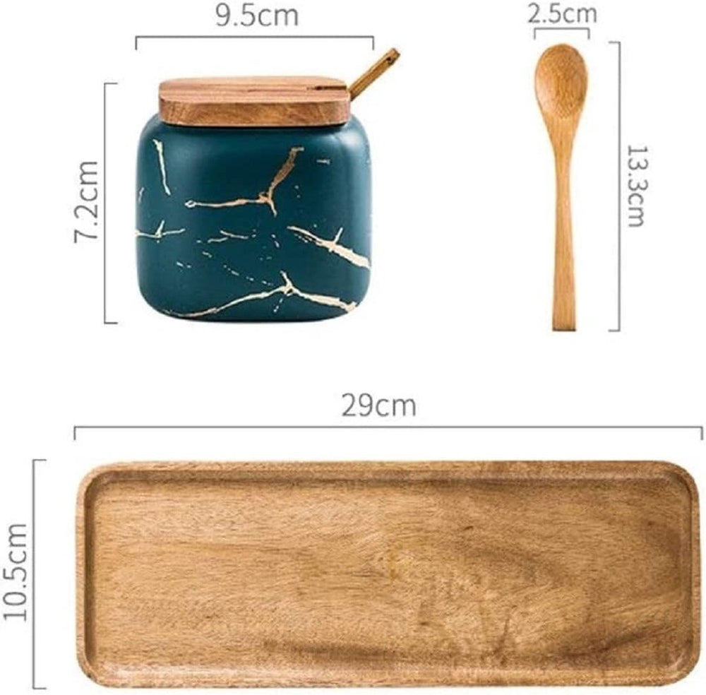 Keramische Kruidenpotjes Set van 3 op Bamboe Tray – Groen Goud Marmer