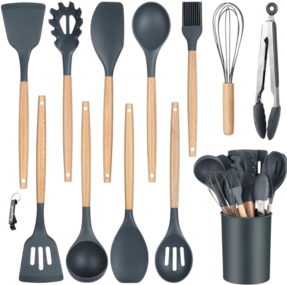 Siliconen Keukengerei Set met Houten Handvatten – 12-delig Grijs
