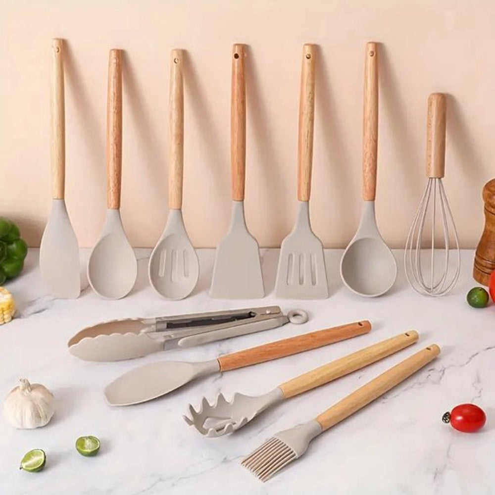 Siliconen Keukengerei Set met Houten Handvatten – 13-delig Beige