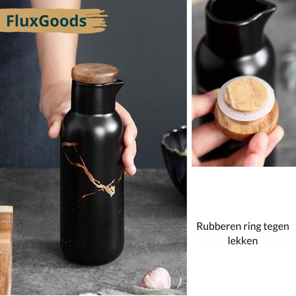 Keramische Kruiden- en Olieset 7-delig op Bamboe Tray – Zwart Goud