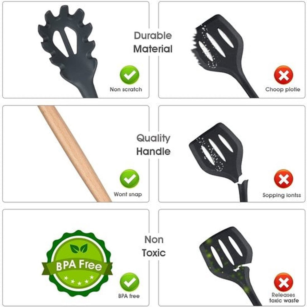 Siliconen Keukengerei Set met Houten Handvatten – 12-delig Grijs