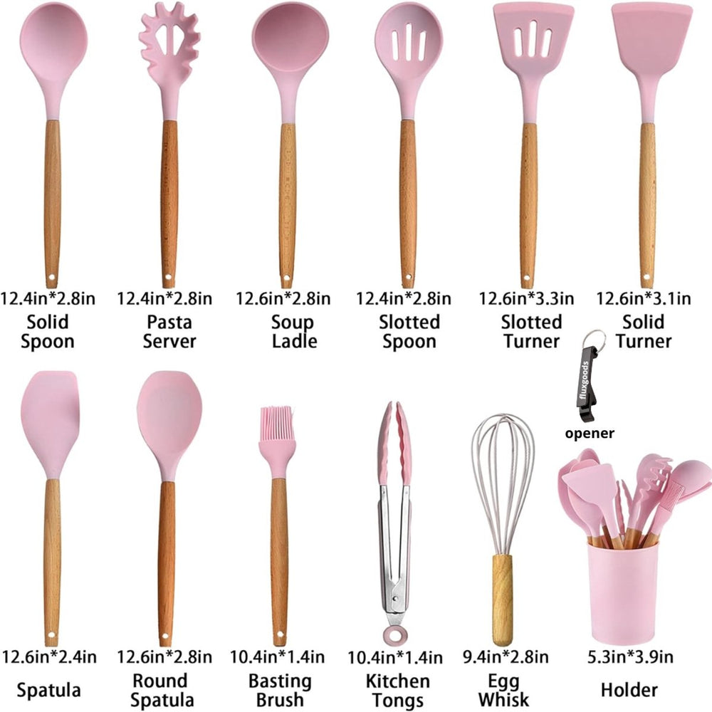 Siliconen Keukengerei Set met Houten Handvatten – 13-delig Roze
