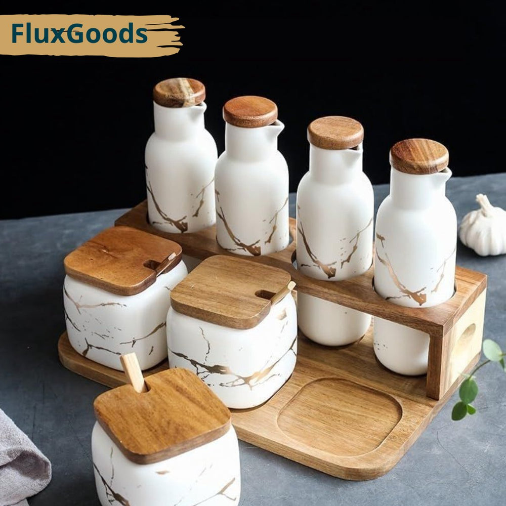 Keramische Kruiden- en Olieset 7-delig op Bamboe Tray – Wit Goud