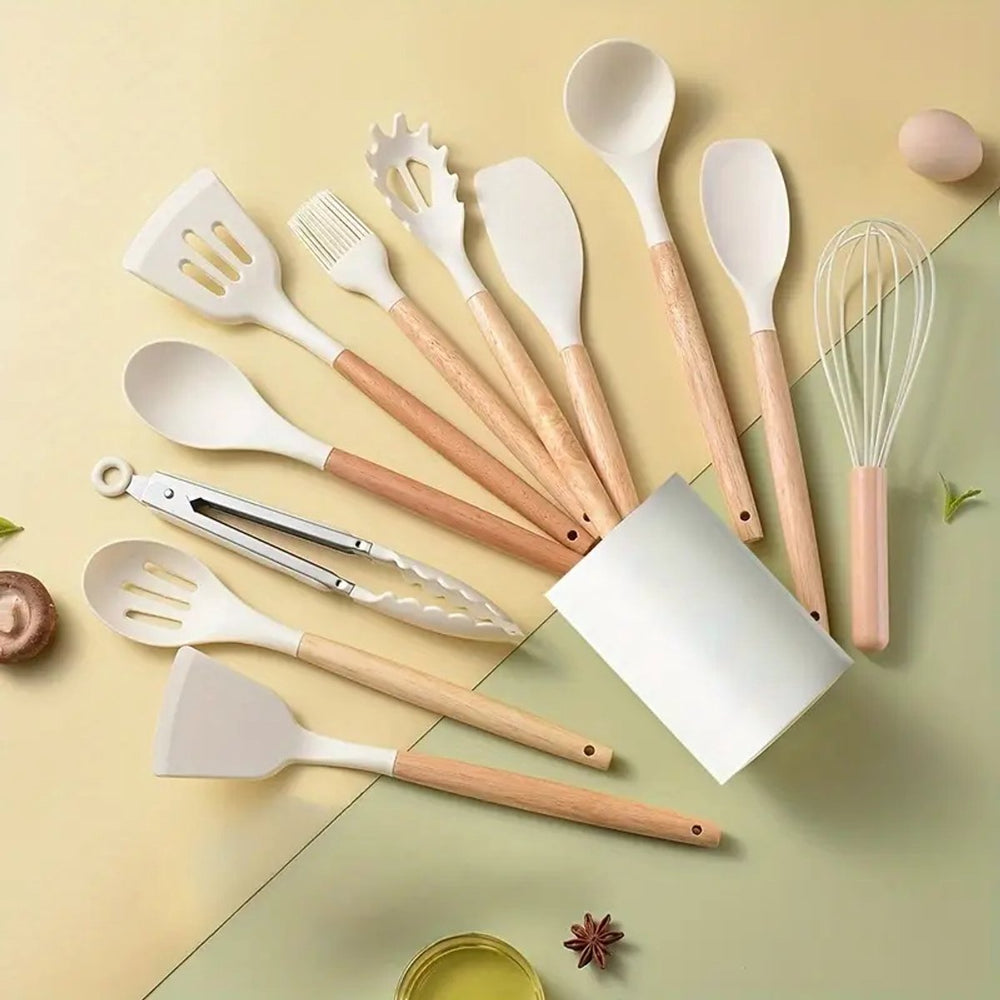 Siliconen Keukengerei Set met Houten Handvatten – 13-delig Wit