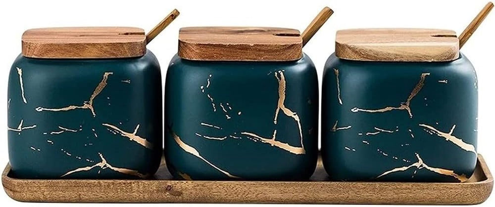 Keramische Kruidenpotjes Set van 3 op Bamboe Tray – Groen Goud Marmer