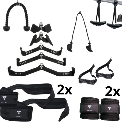 FluxGrip Complete Set 16 items (5 FluxGrips, Tricep Cable Grip, Jaw Pull Handles, Hand Formed Grip Set, Tricep Rope, 2 Sets Enkelbandjes, 2 Sets Lifting Straps) - Exclusieve Combi-Deal: Mega Deal