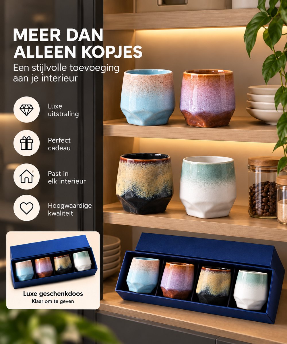 Keramische Koffiekopjes Set van 4 in Geschenkdoos – Design 4