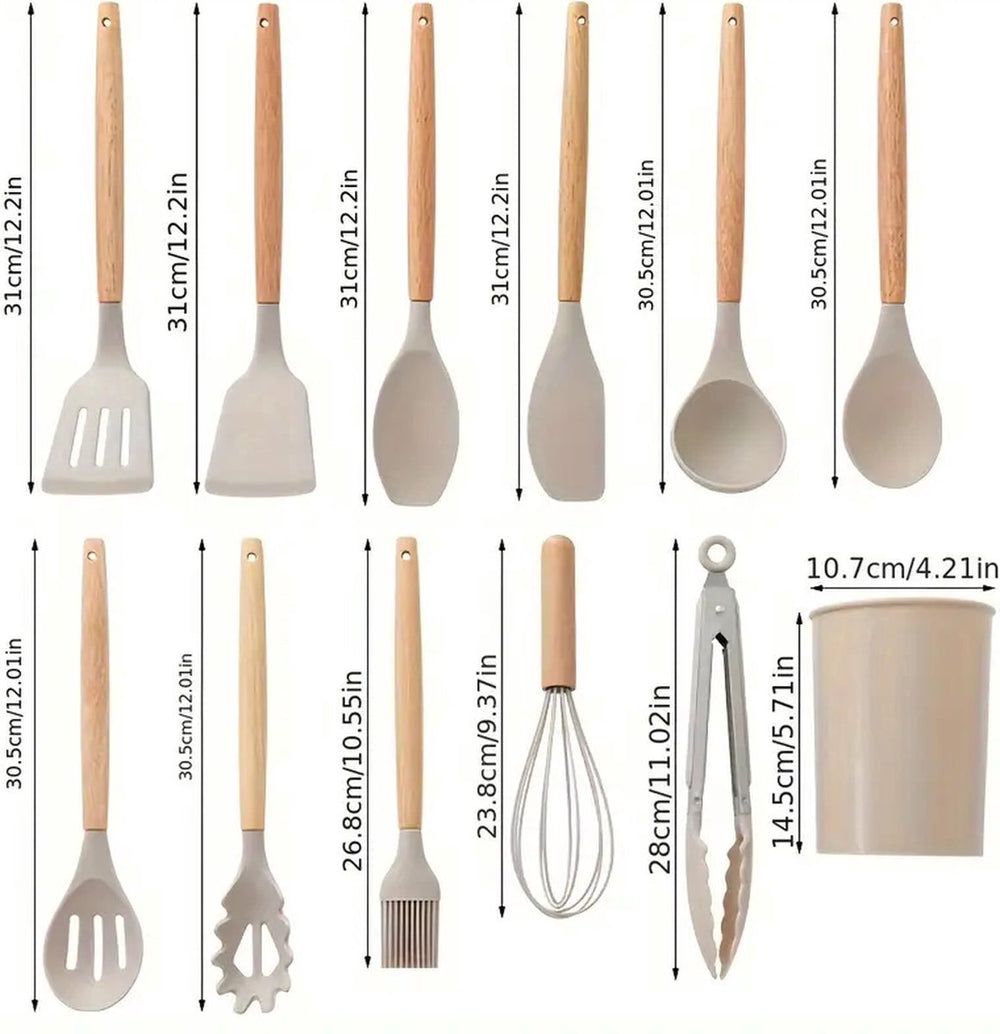 Siliconen Keukengerei Set met Houten Handvatten – 13-delig Beige met Messenslijper