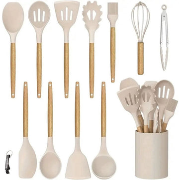 Siliconen Keukengerei Set met Houten Handvatten – 13-delig Beige