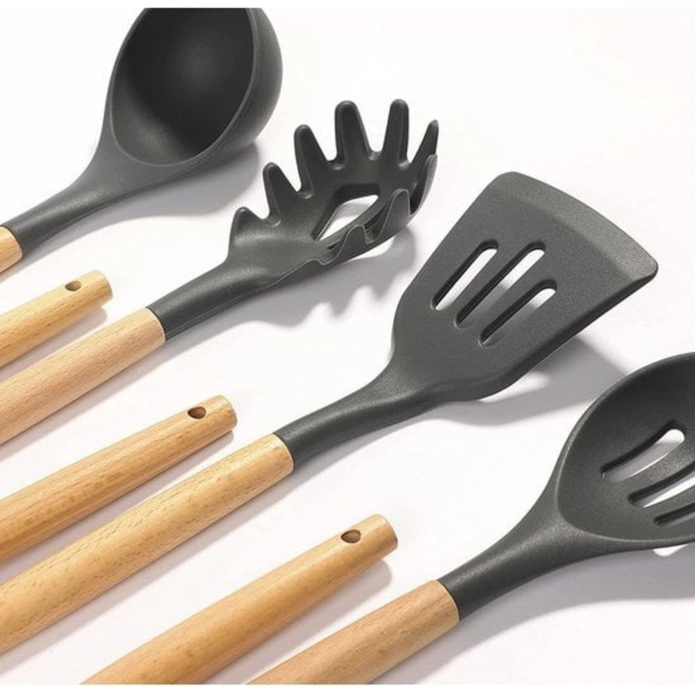 Siliconen Keukengerei Set met Houten Handvatten – 12-delig Grijs