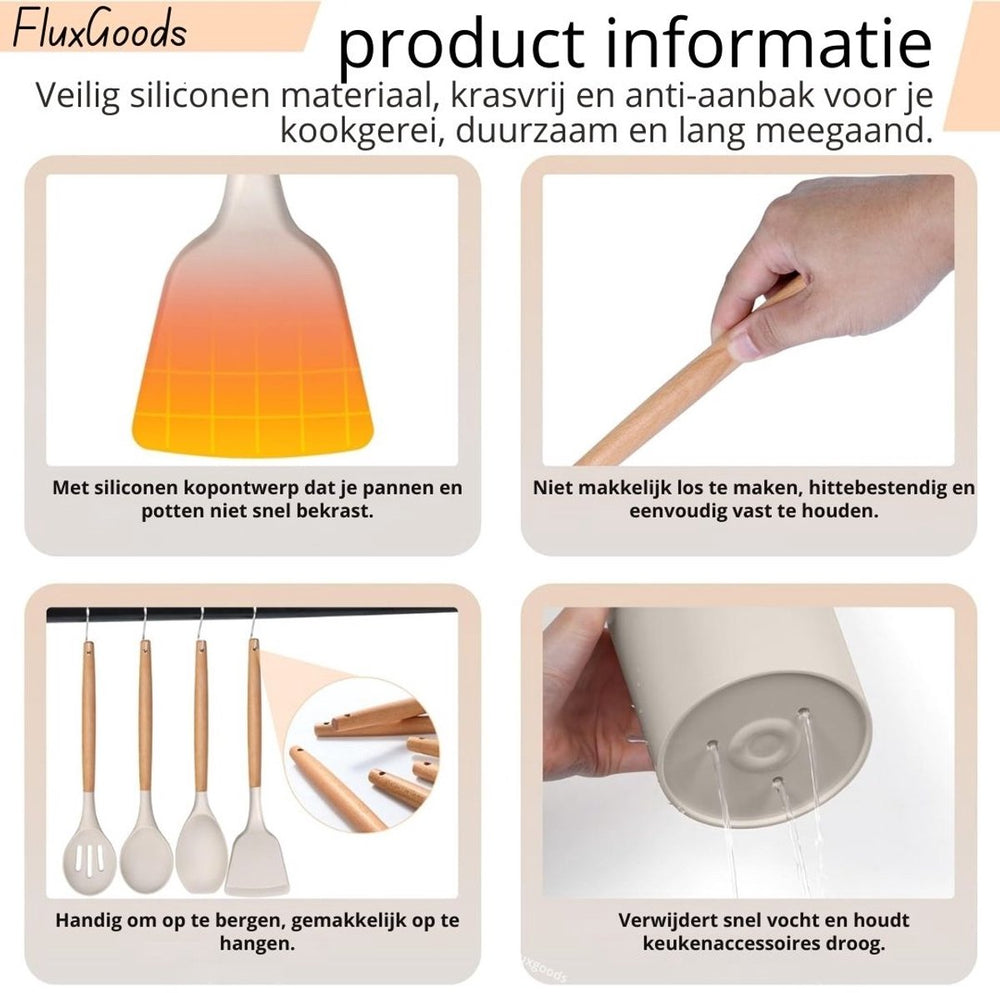 Siliconen Keukengerei Set met Houten Handvatten – 13-delig Beige