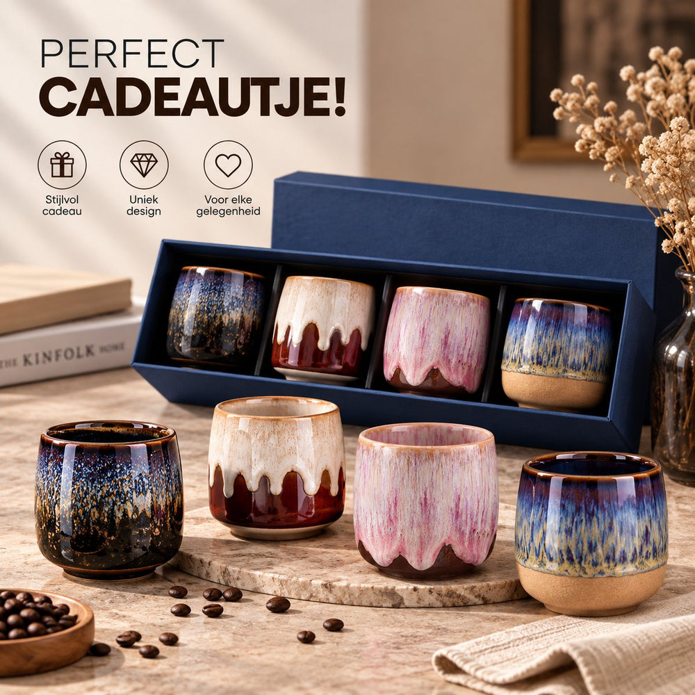 Keramische Koffiekopjes Set van 4 in Geschenkdoos – Design 7