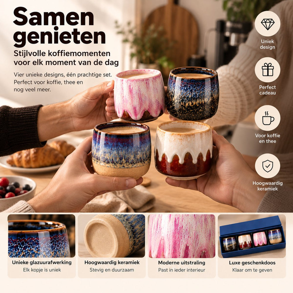 Keramische Koffiekopjes Set van 4 in Geschenkdoos – Design 7