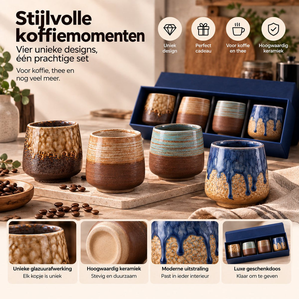 Keramische Koffiekopjes Set van 4 in Geschenkdoos – Design 3