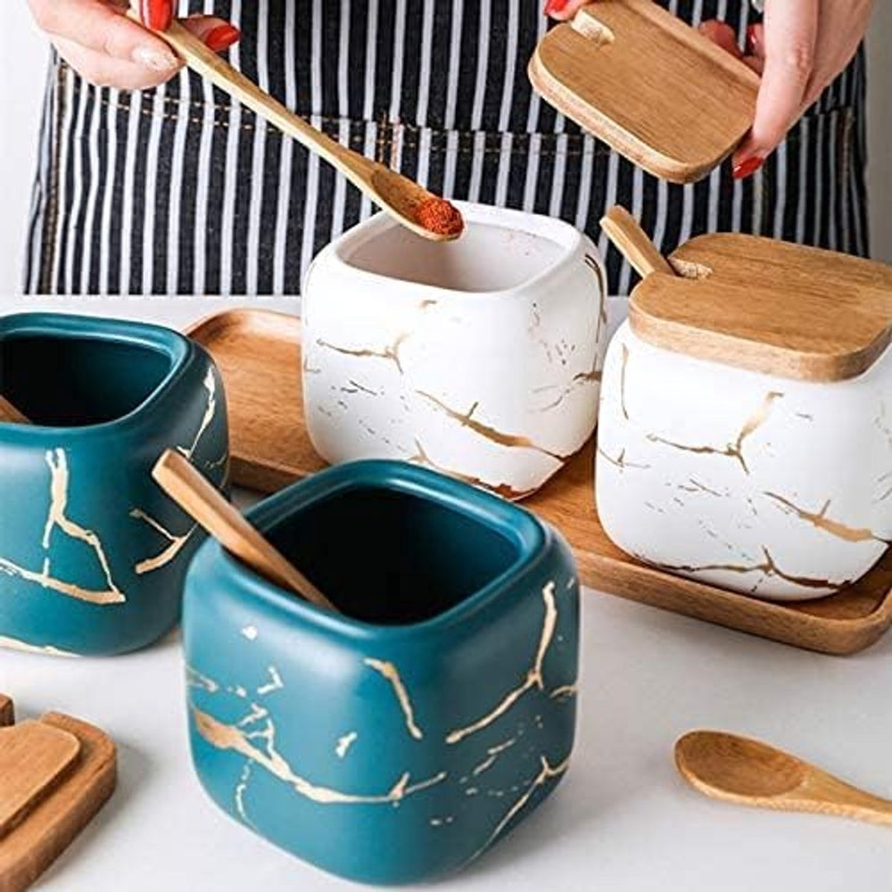 Keramische Kruidenpotjes Set van 3 op Bamboe Tray – Groen Goud Marmer