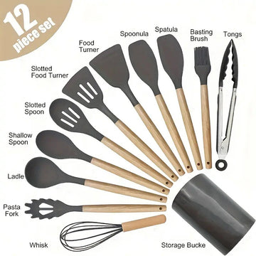 Siliconen Keukengerei Set met Houten Handvatten – 12-delig Grijs Deluxe