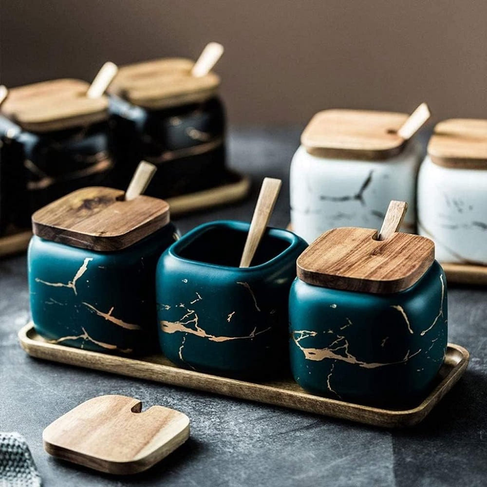 Keramische Kruidenpotjes Set van 3 op Bamboe Tray – Groen Goud Marmer