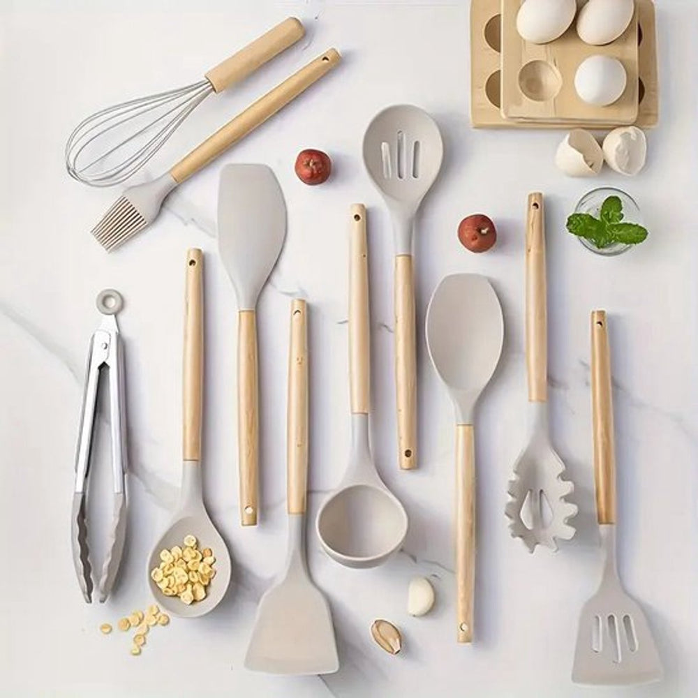 Siliconen Keukengerei Set met Houten Handvatten – 13-delig Beige