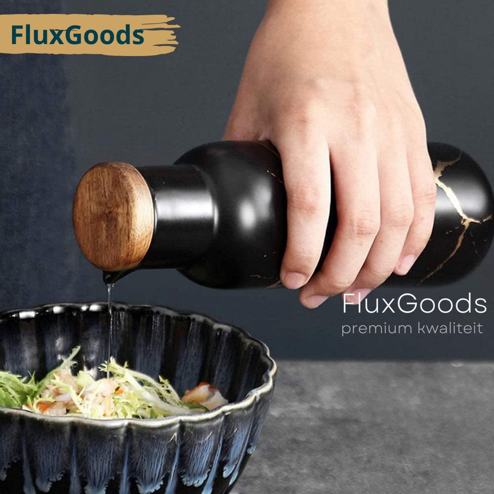 Keramische Kruiden- en Olieset 7-delig op Bamboe Tray – Zwart Goud