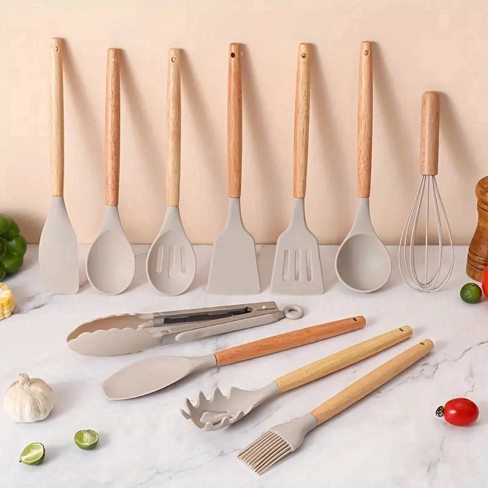 Siliconen Keukengerei Set met Houten Handvatten – 13-delig Beige met Messenslijper