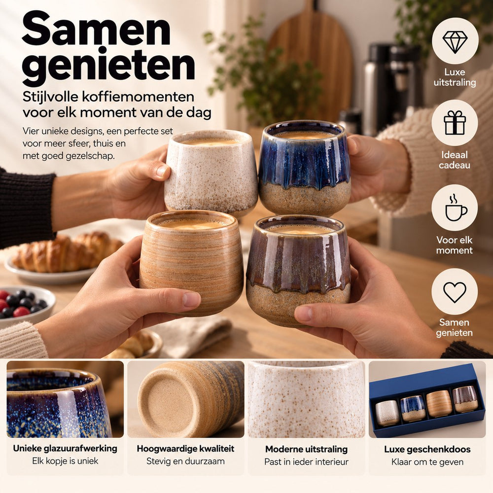 Keramische Koffiekopjes Set van 4 in Geschenkdoos – Design 1