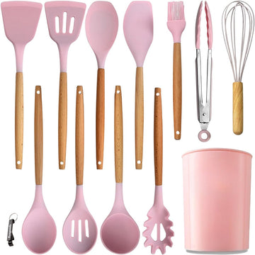 Siliconen Keukengerei Set met Houten Handvatten – 13-delig Roze