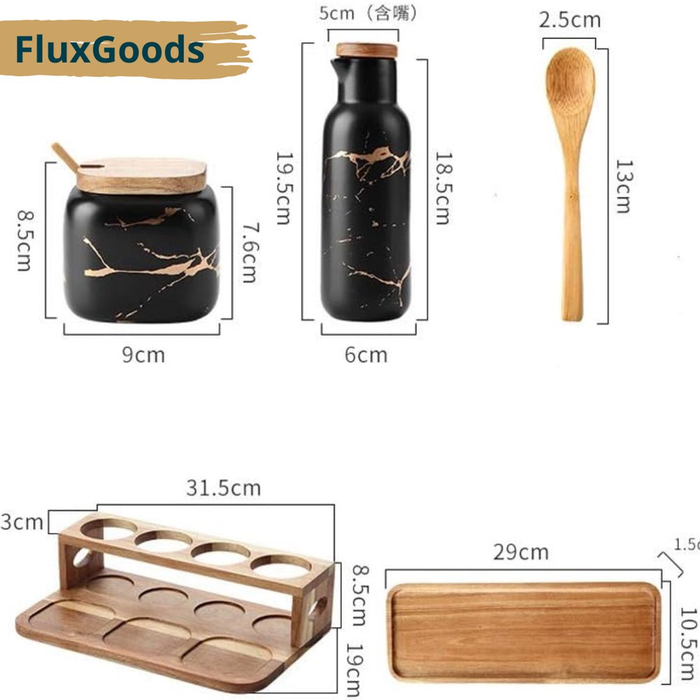 Keramische Kruiden- en Olieset 7-delig op Bamboe Tray – Zwart Goud