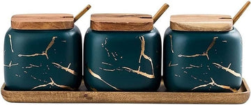 Keramische Kruidenpotjes Set van 3 op Bamboe Tray – Groen Goud Marmer