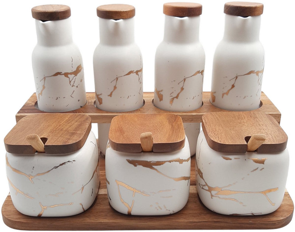 Keramische Kruiden- en Olieset 7-delig op Bamboe Tray – Wit Goud