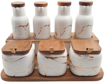 Keramische Kruiden- en Olieset 7-delig op Bamboe Tray – Wit Goud