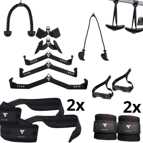 FluxGrip Complete Set (5 FluxGrips, Tricep Cable Grip, Jaw Pull Handles, Hand Formed Grip Set, Tricep Rope, 2 Sets Enkelbandjes, 2 Sets Lifting Straps) - Exclusieve Combi-Deal: Mega Deal